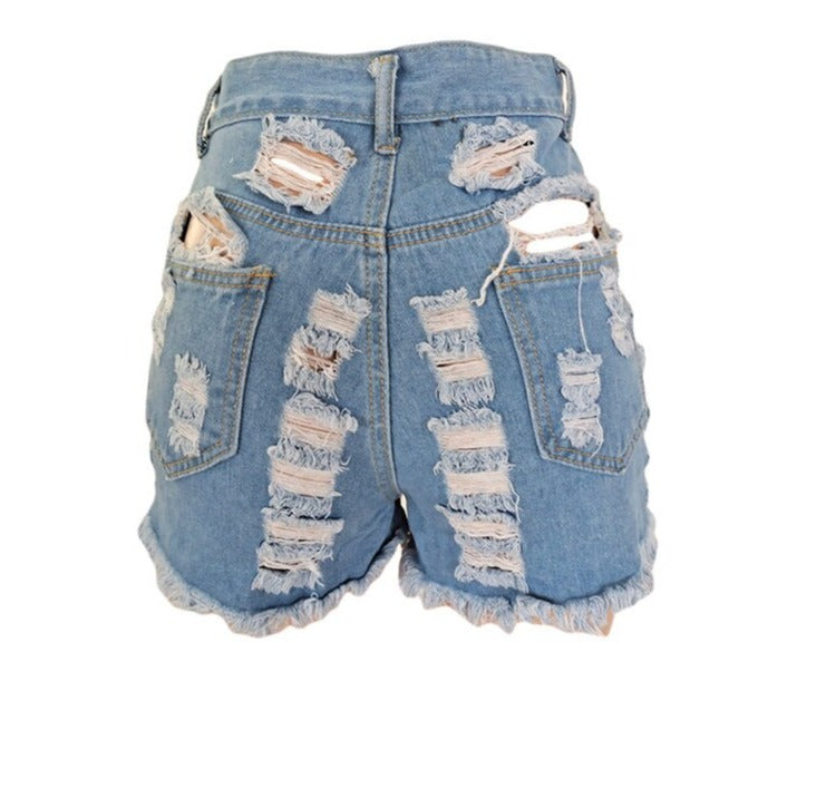 2021 Sexy New Light Blue Ripped Cut Out Denim Shorts