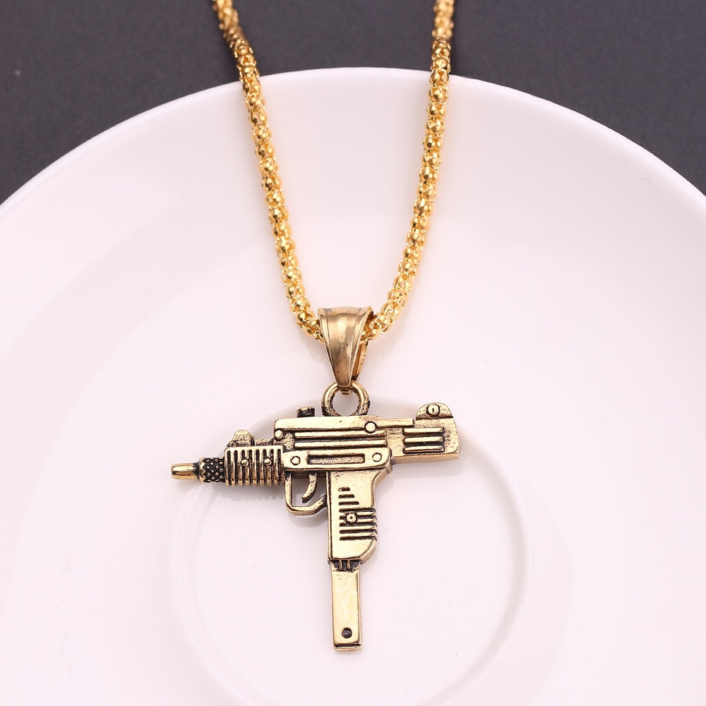 Cool Gothic Hip Hop UZI Kolye GUN Shape Pendant Necklace Gold Black Silver Color Army Style Male Chain Men Necklaces Jewelry