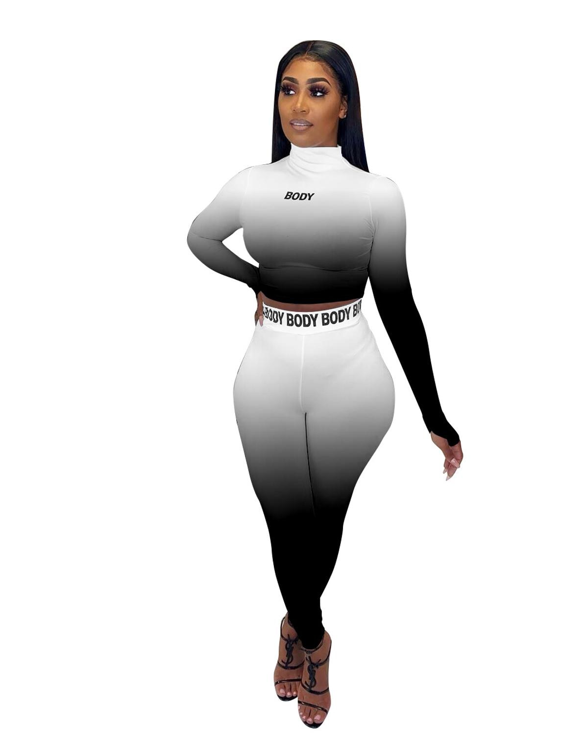 Sexy Women Sport Two Piece Set Casual Letter print Long Sleeve Crop Tops Tee Bikers Pants