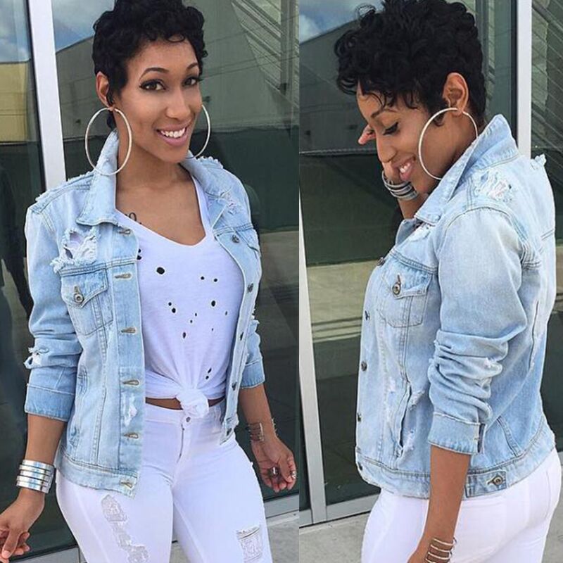 FNOCE autumn women's ripped denim jackets street fashion solid long sleeve hole hollow out slim Large Size Jeans Coat jackets