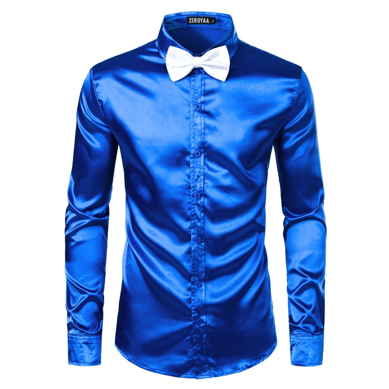 2pcs Silver Silk Shirt+Tie Mens Satin Smooth Tuxedo Shirts