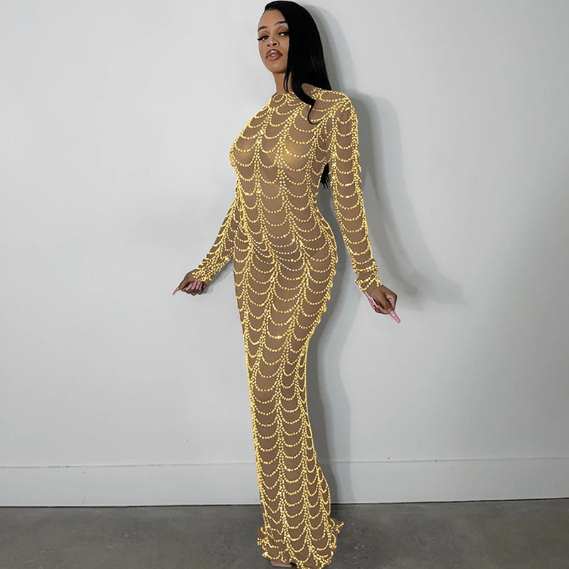Sexy Long Sleeve Mesh See Through Gold Silver Maxi Dress Evening Party Singer Costume Stage Performance Luxury Birthday Dress Gold / XL Sexy Long Sleeve Mesh See Through Gold Silver Maxi Dress Evening Party Singer Costume Stage Performance Luxury Birthday Dress Gold / XL