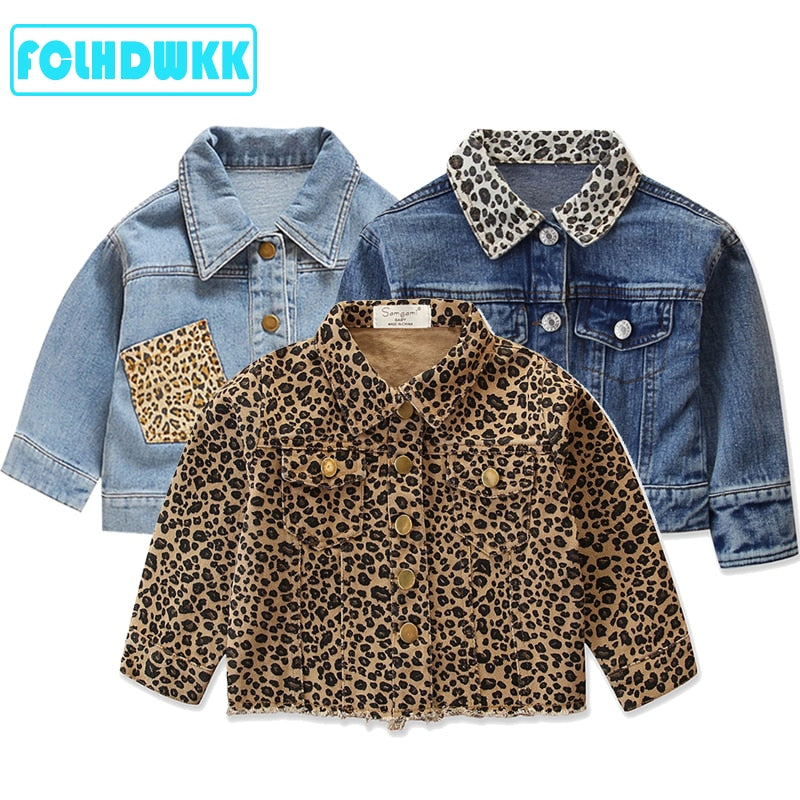 New Fashion Girls Spring Autumn Denim Jacket Leopard Print Coat Baby Girls Cartoon Jean Jackets Kids Coats Children Clothing 2-6