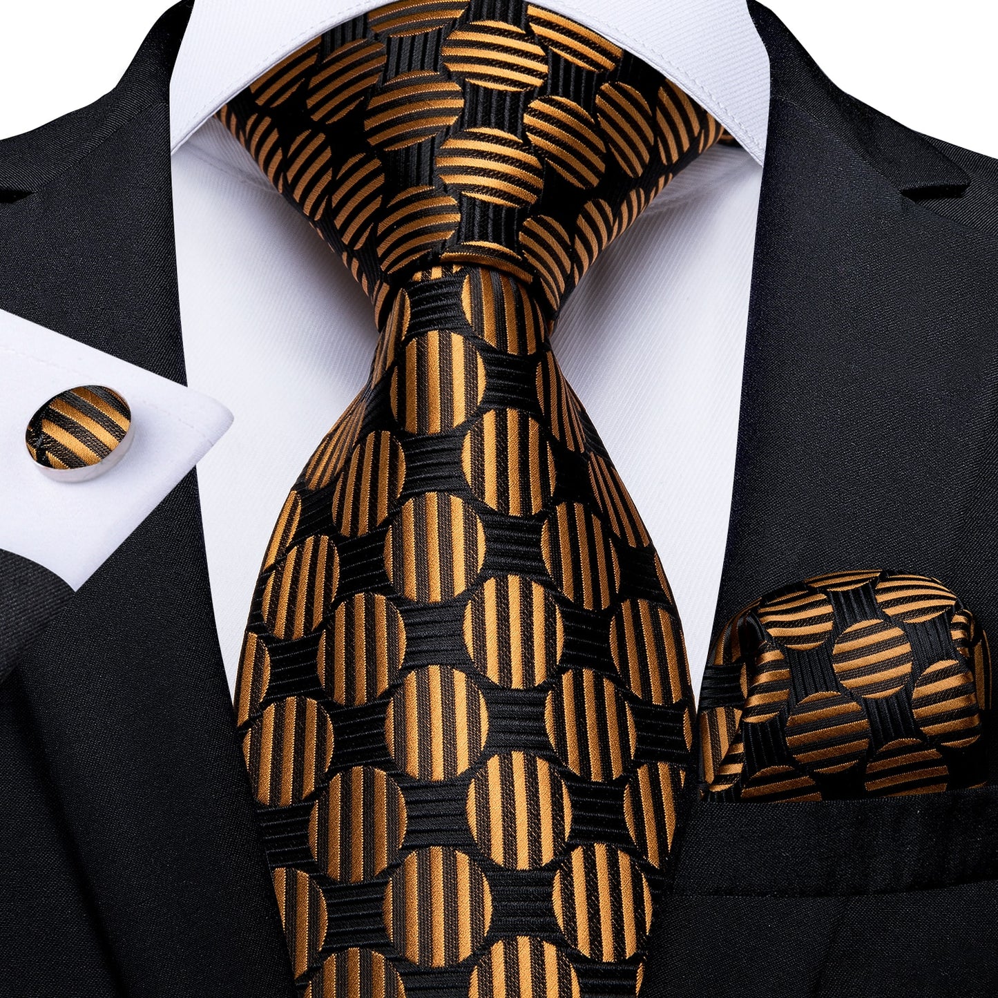 Men Tie Black Gold Paisley Quality Wedding Tie For Men Hanky Cufflink Silk Tie Set DiBanGu Novelty Design Business Party MJ-7313