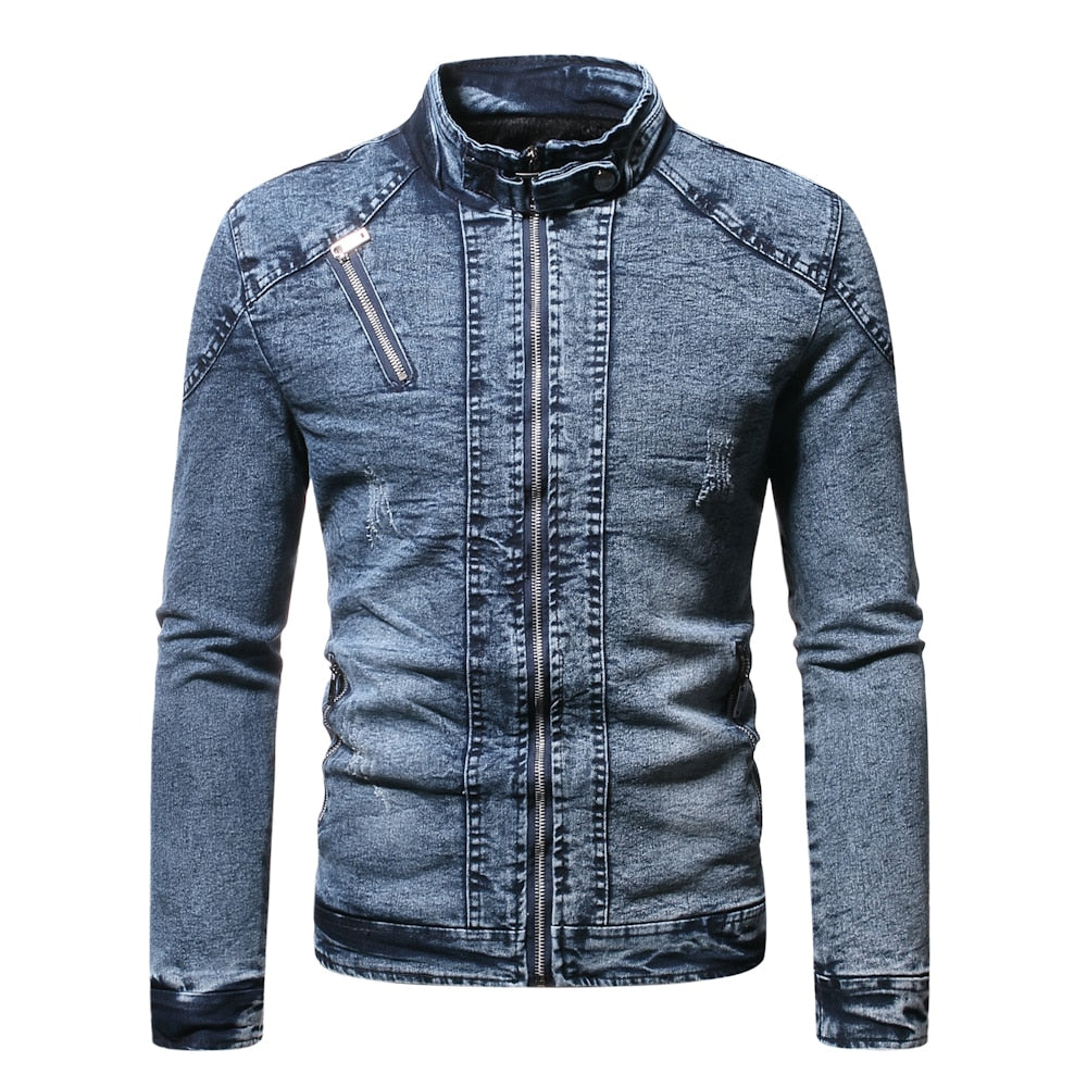 Denim Jacket Men Moto Biker Jean Jacket Autumn Winter Fashion Solid Plus Velvet Stand Collar Mens Denim Jacket Casual Coat Men