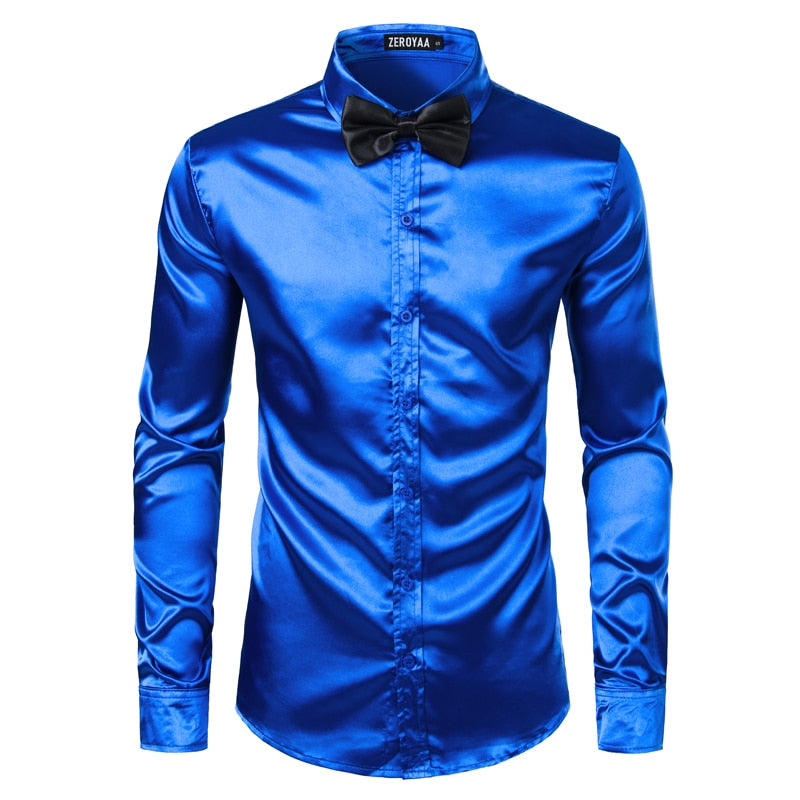 2pcs Silver Silk Shirt+Tie Mens Satin Smooth Tuxedo Shirts