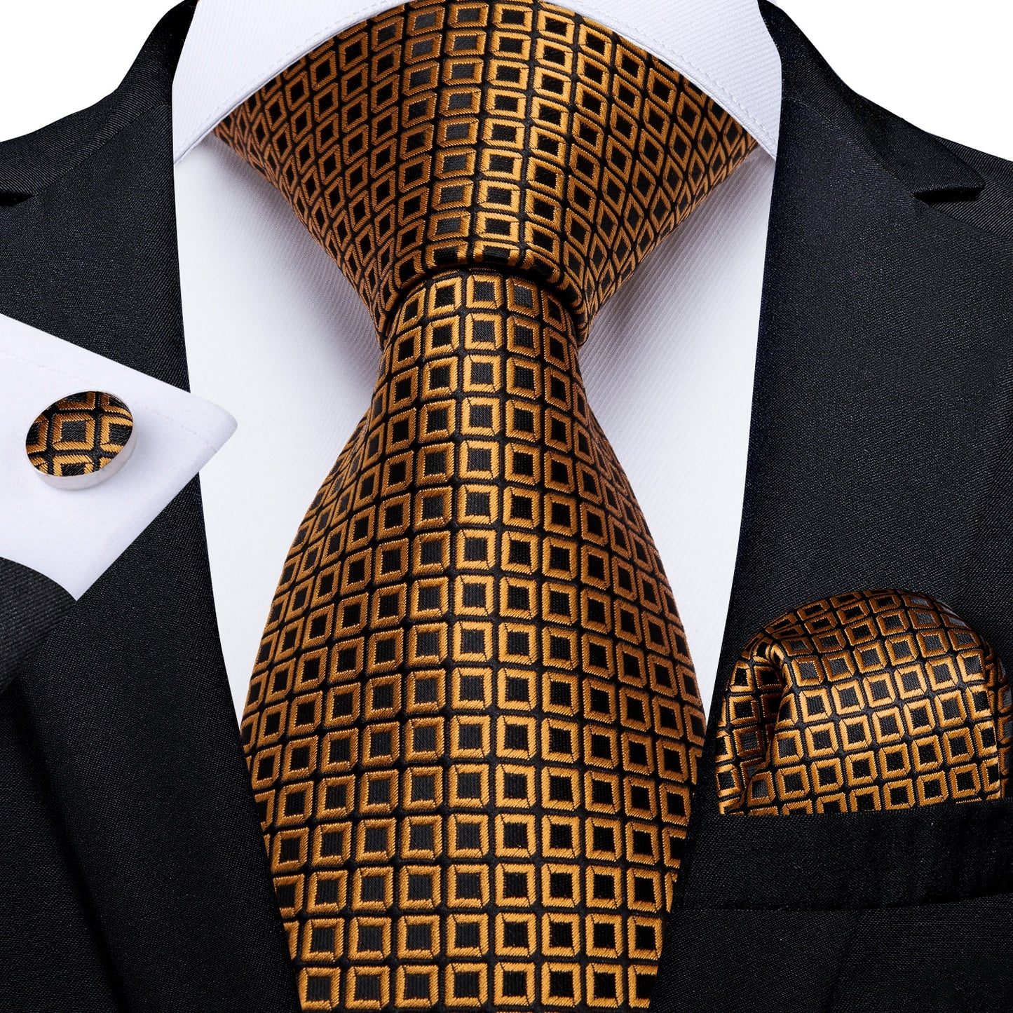 Men Tie Black Gold Paisley Quality Wedding Tie For Men Hanky Cufflink Silk Tie Set DiBanGu Novelty Design Business Party MJ-7313