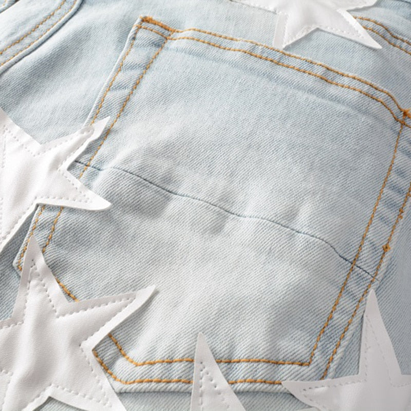 Men's Leather Stars Patches Design Jeans Streetwear Patchwork Ripped Stretch Denim Pants Slim Skinny Pencil Trousers