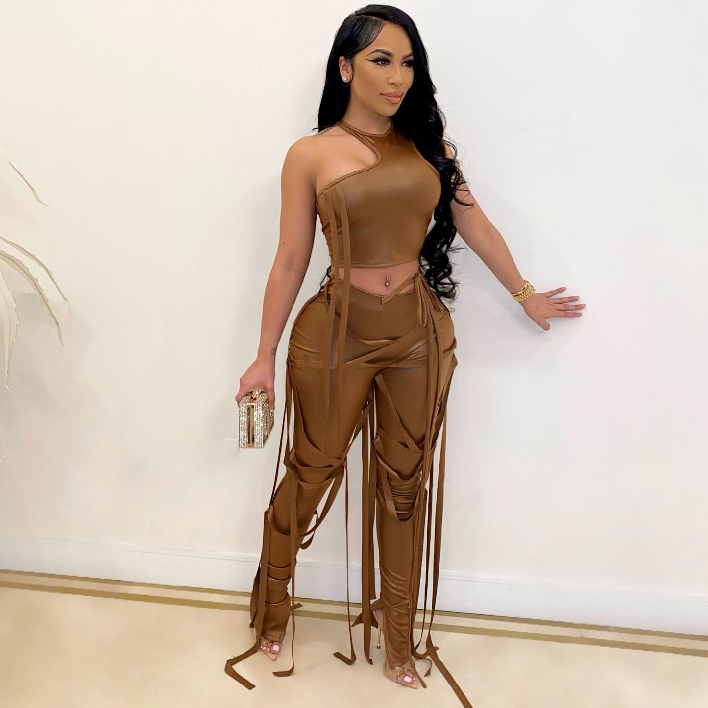 PU Leather Bandage Two Piece Set Women Sexy One Shoulder Crop Top + Lace Up Slit Hem Pants Club Party 2 Piece Set Outfits y2k