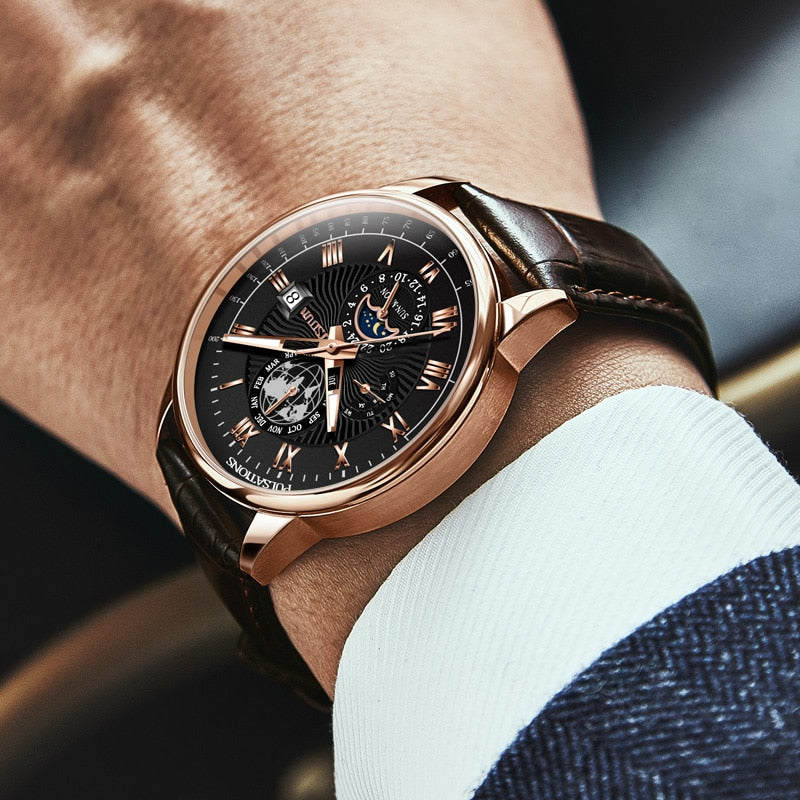 JSDUN Men's Mechanical Watch Luminous Leather Strap Waterproof Man Watch Top Brand Luxury Business Watch For Men Moonswatch 8909