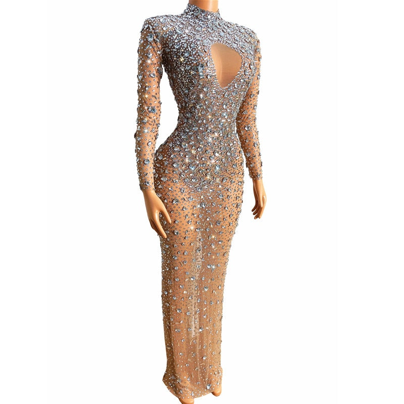 Flashing Silver Crystals Stones Sexy Transparent Long Dress Evening Birthday Celebrate Mesh Stretch Dance Long Sleeves Dress
