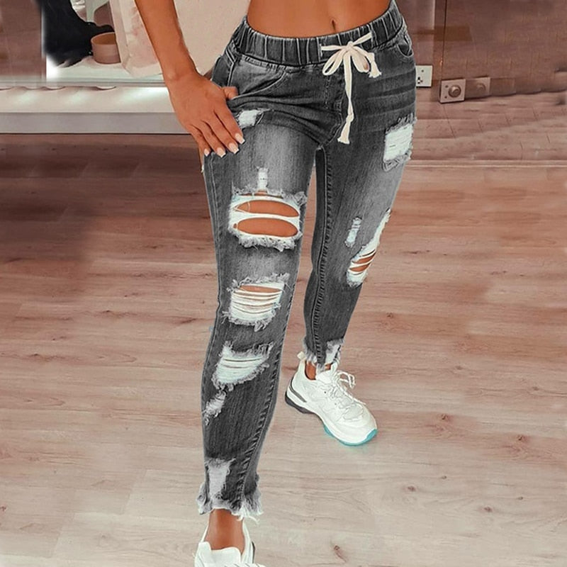 Drawstring Denim Jeans For Women Ripped Hole Stretch Jean Ladies Full Length Pencil Pants