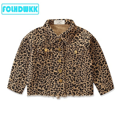 New Fashion Girls Spring Autumn Denim Jacket Leopard Print Coat Baby Girls Cartoon Jean Jackets Kids Coats Children Clothing 2-6