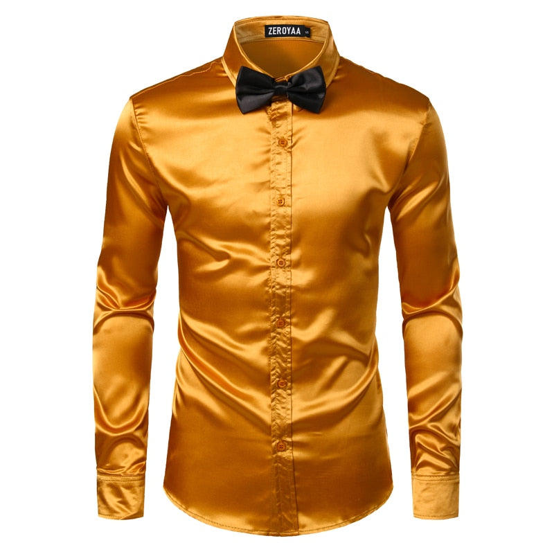 2pcs Silver Silk Shirt+Tie Mens Satin Smooth Tuxedo Shirts