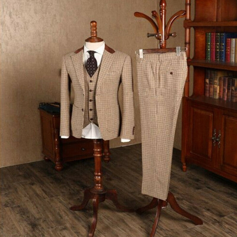 2021 Brown Classic Plaid Tweed Suit for Men Slim fit Groom Wedding Tuxedo