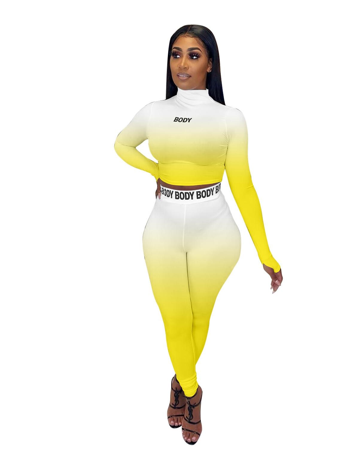 Sexy Women Sport Two Piece Set Casual Letter print Long Sleeve Crop Tops Tee Bikers Pants