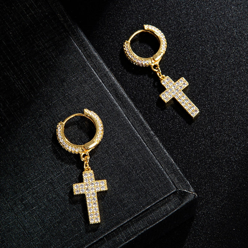 Hip Hop Cubic Zirconia Bling Iced Out Cross Earring Copper Earrings for Men Women Rock Jewelry