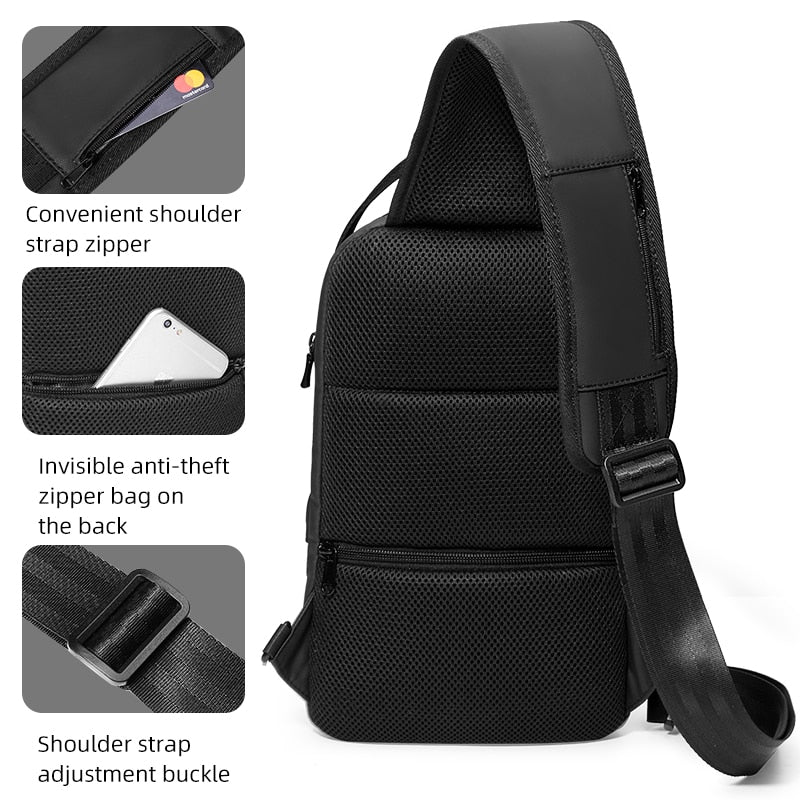 Fenruien Men Shoulder Bag for 9.7" iPad USB Charging Chest Bag Short Trip Water Repellent Crossbody Bag Black 2020 New