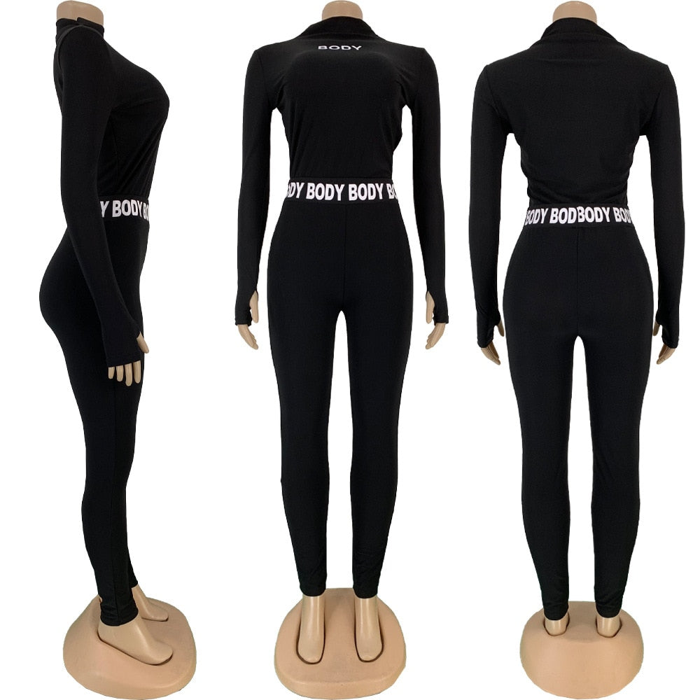Sexy Women Sport Two Piece Set Casual Letter print Long Sleeve Crop Tops Tee Bikers Pants