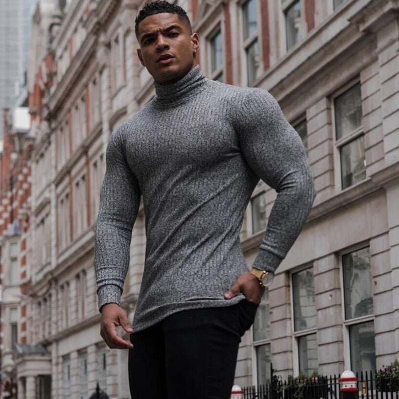 Autumn Winter Fashion Turtleneck Mens Thin Sweaters Casual Roll Neck
