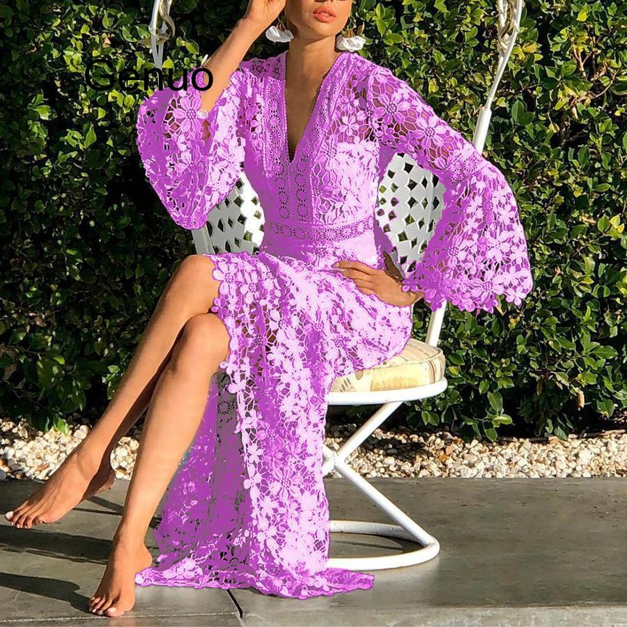 Women Dresses Lace Dress Flare Sleeve V-neck Hollow Out Long Sleeve White Sexy Long Dresses Party Evening