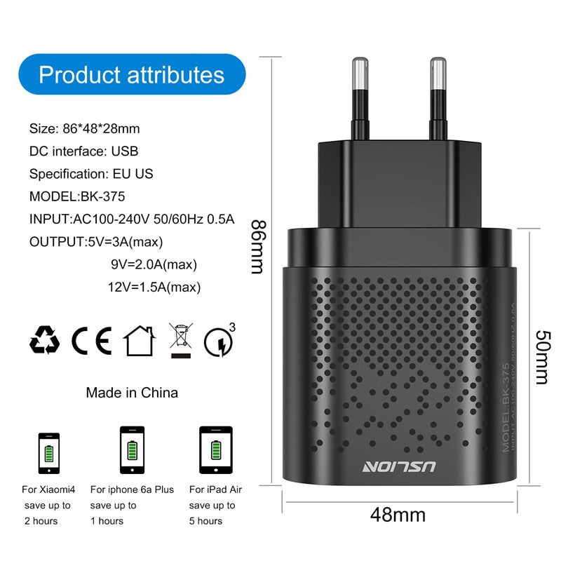 USLION EU/US Plug USB Charger 3A Quik Charge 3.0 Mobile Phone Charger For iPhone 11 Samsung Xiaomi 4 Port 48W Fast Wall Chargers