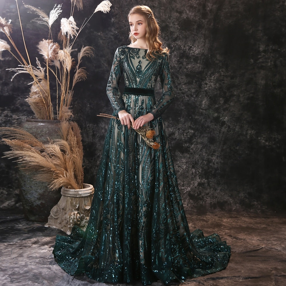 Long Evening Dresses Gorgeous Elegant Muslim Mermaid Long Sleeve Sequi –  Mega Mart Center