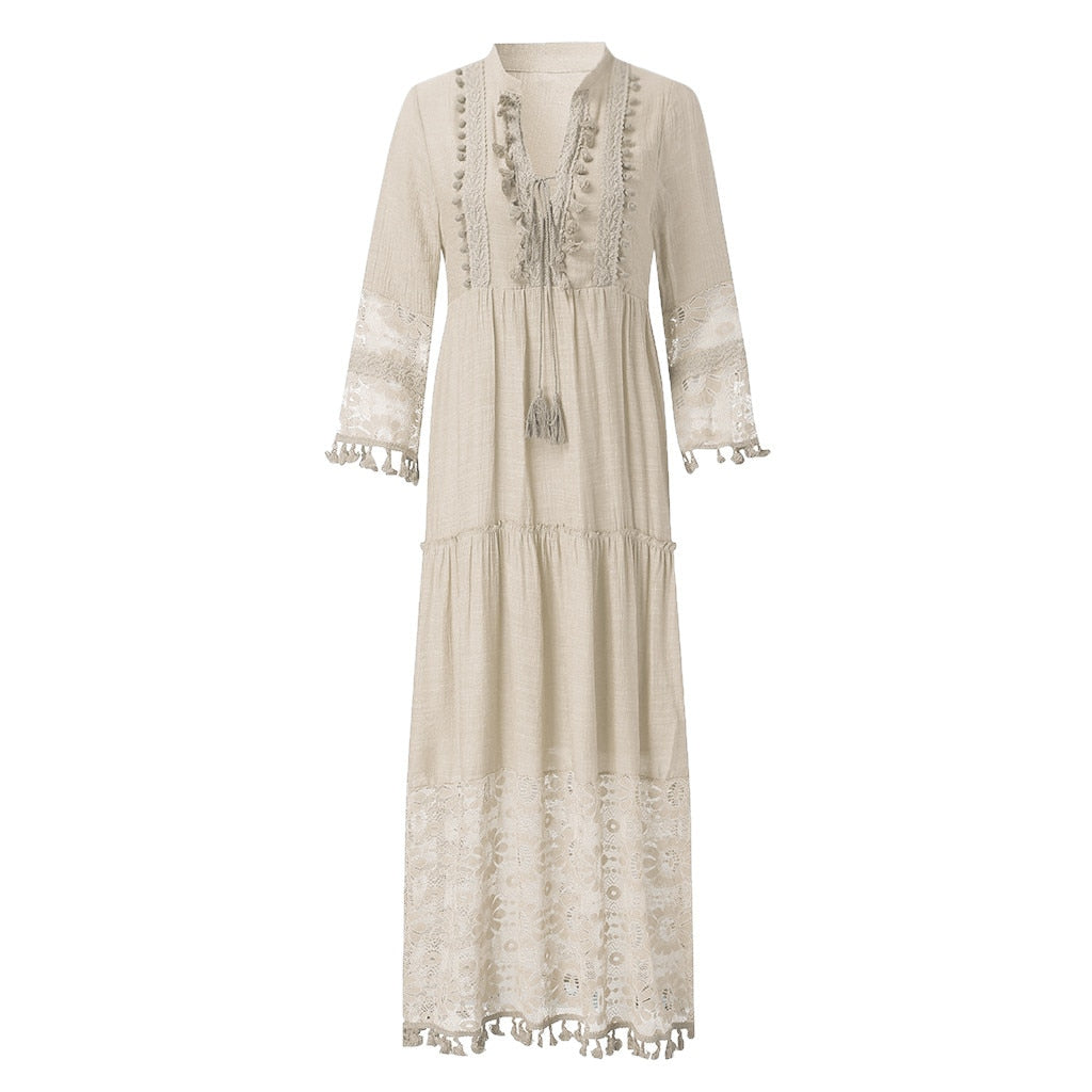 New Bohemian Women Lace Tassel Dress 2023 Summer Sexy V Neck Solid Short Sleeve Maxi Long Beach Party Dresses Oversized Vestidos