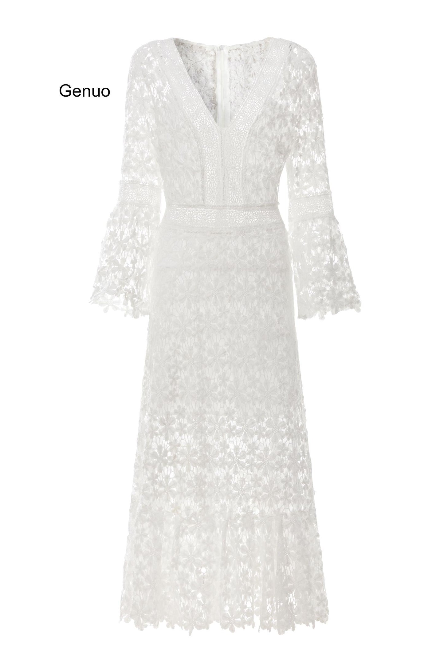 Women Dresses Lace Dress Flare Sleeve V-neck Hollow Out Long Sleeve White Sexy Long Dresses Party Evening