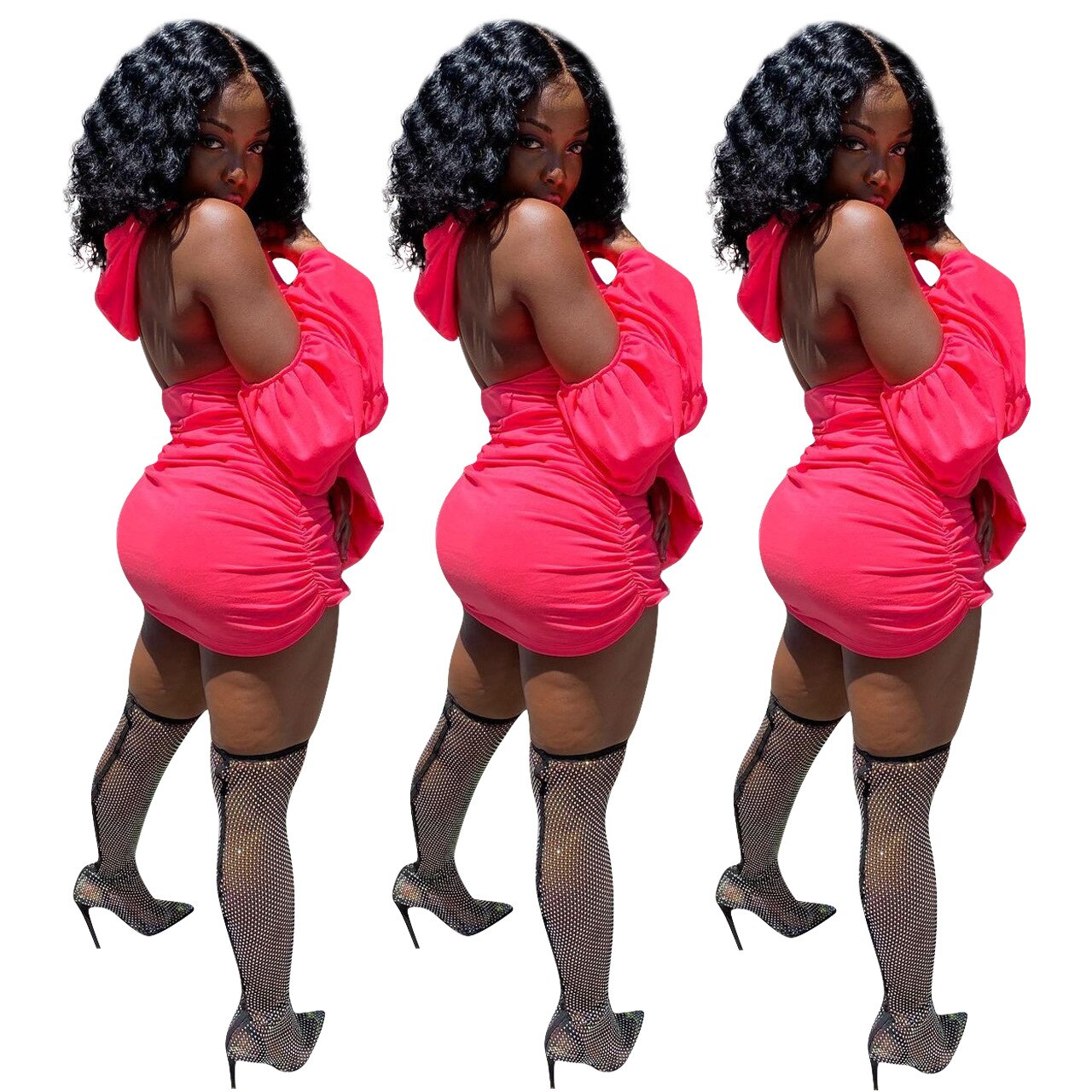 Dresses for Women 2021 Pure Color Pleated Fashion Hooded Wrap Mini Dress Summer Holiday Sundress Open Back Women's Short Sleeve
