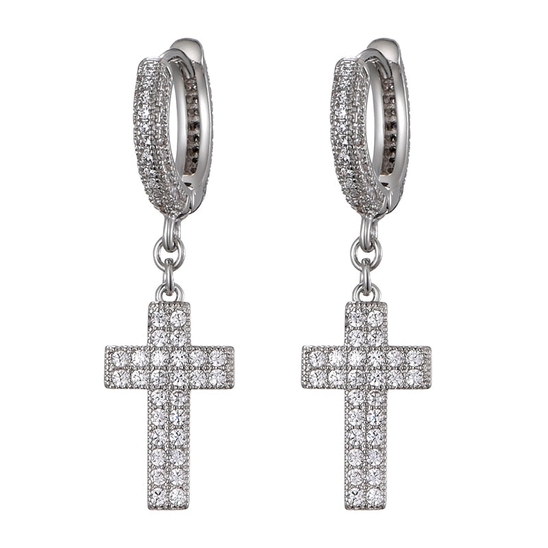 Hip Hop Cubic Zirconia Bling Iced Out Cross Earring Copper Earrings for Men Women Rock Jewelry