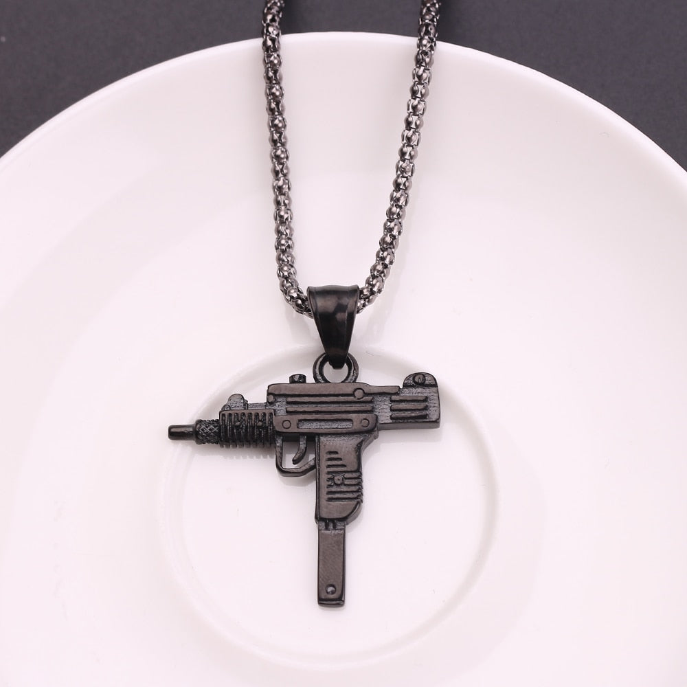 Cool Gothic Hip Hop UZI Kolye GUN Shape Pendant Necklace Gold Black Silver Color Army Style Male Chain Men Necklaces Jewelry