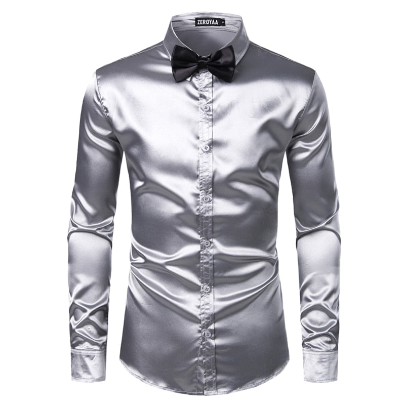 2pcs Silver Silk Shirt+Tie Mens Satin Smooth Tuxedo Shirts