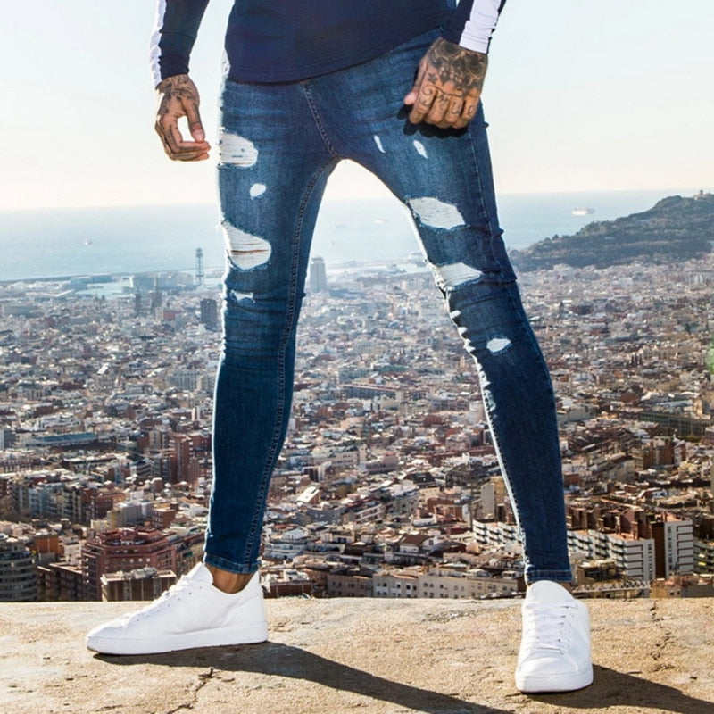 2022 Pencil Pants Elastic Sweatpants Men Fit Solid Ripped Denim Harem Pants