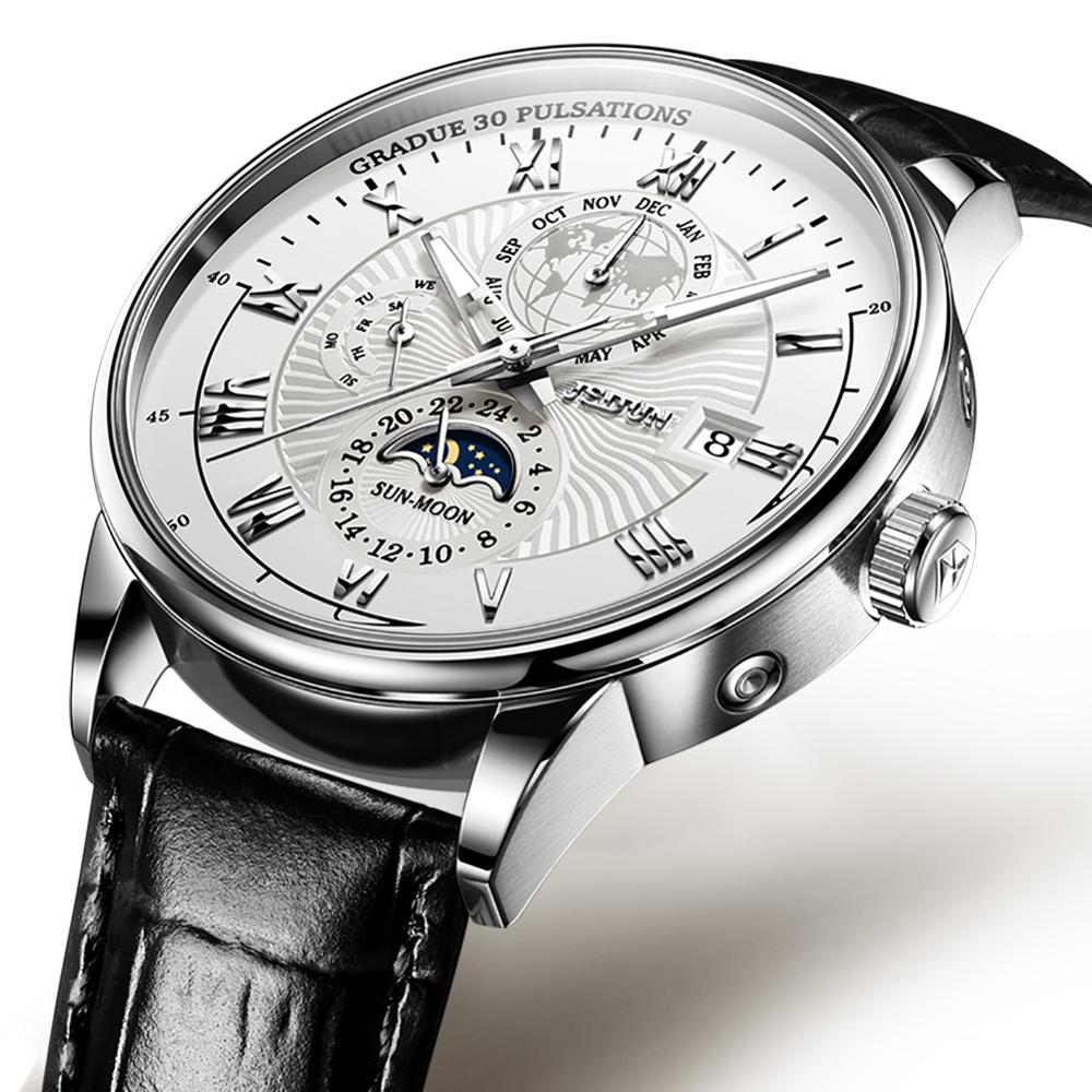 JSDUN Men's Mechanical Watch Luminous Leather Strap Waterproof Man Watch Top Brand Luxury Business Watch For Men Moonswatch 8909