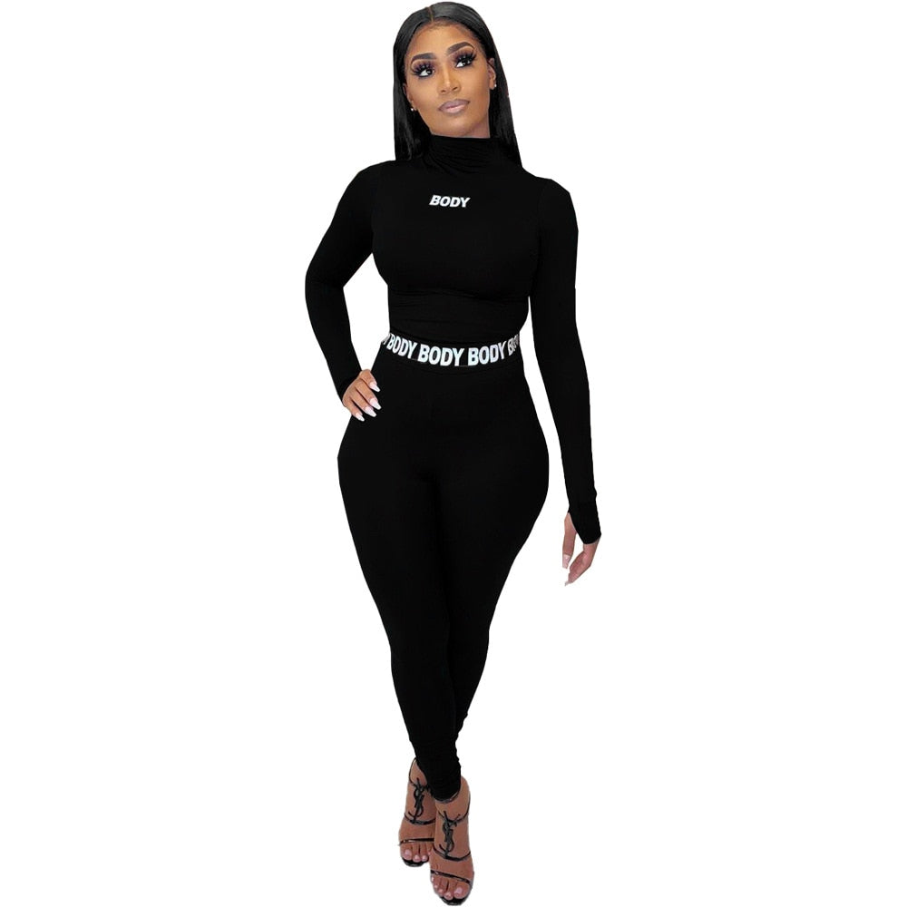 Sexy Women Sport Two Piece Set Casual Letter print Long Sleeve Crop Tops Tee Bikers Pants