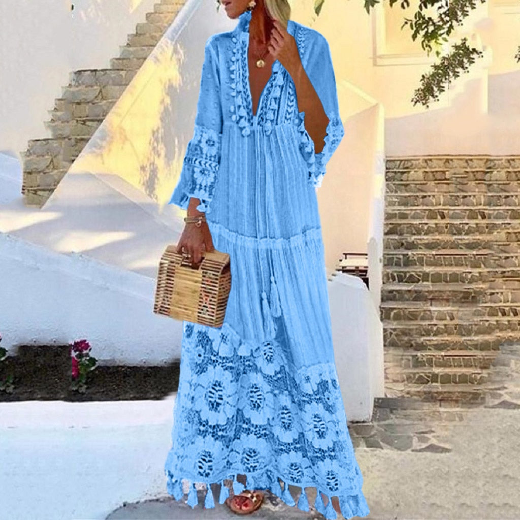 New Bohemian Women Lace Tassel Dress 2023 Summer Sexy V Neck Solid Short Sleeve Maxi Long Beach Party Dresses Oversized Vestidos