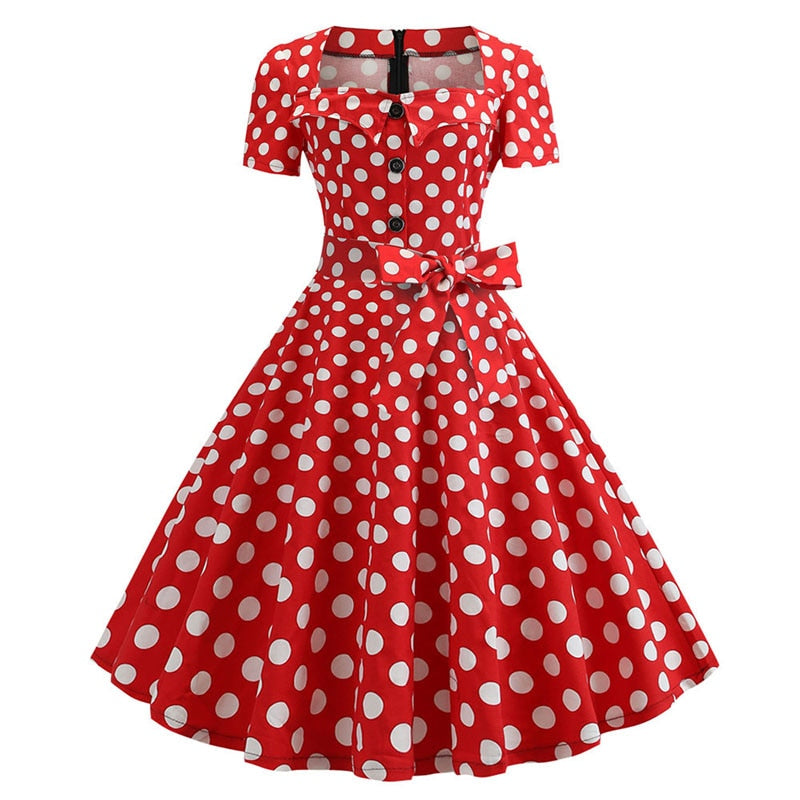 Sexy Women Square Collar Elegant Vintage Summer Dress Short Sleeve Rockabilly Pin Up Midi Dress Robe Femme Casual Office Party Dress