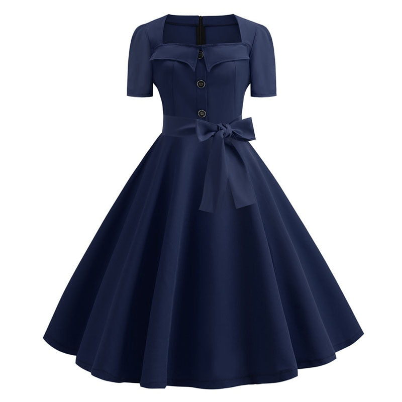 Sexy Women Square Collar Elegant Vintage Summer Dress Short Sleeve Rockabilly Pin Up Midi Dress Robe Femme Casual Office Party Dress