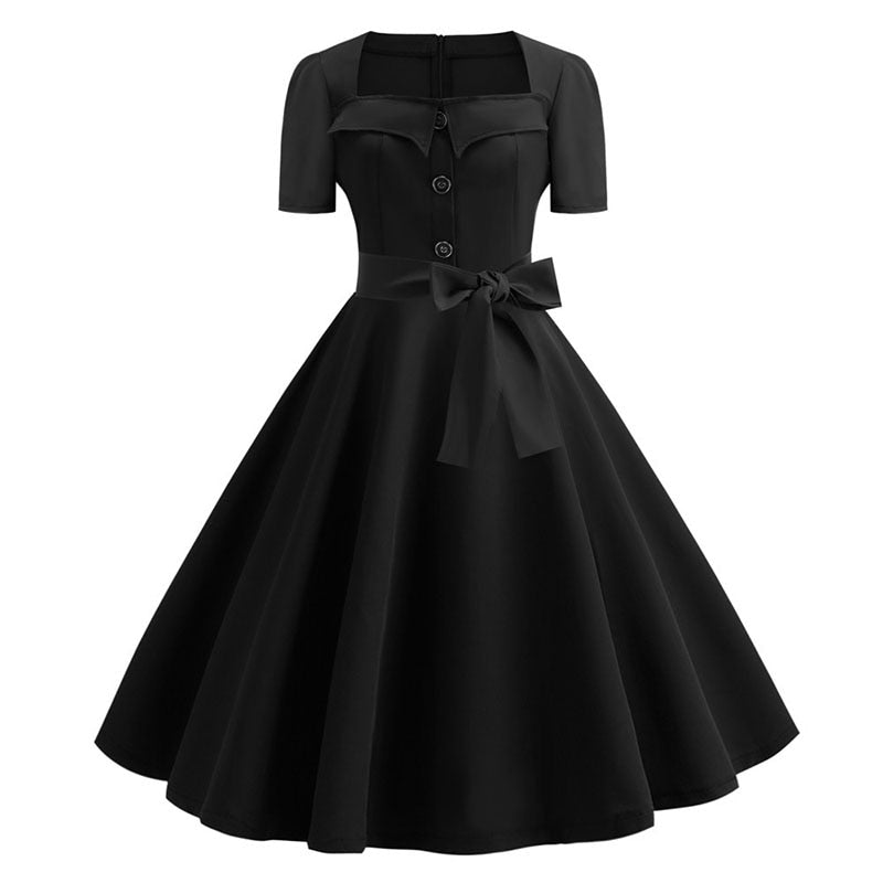 Sexy Women Square Collar Elegant Vintage Summer Dress Short Sleeve Rockabilly Pin Up Midi Dress Robe Femme Casual Office Party Dress