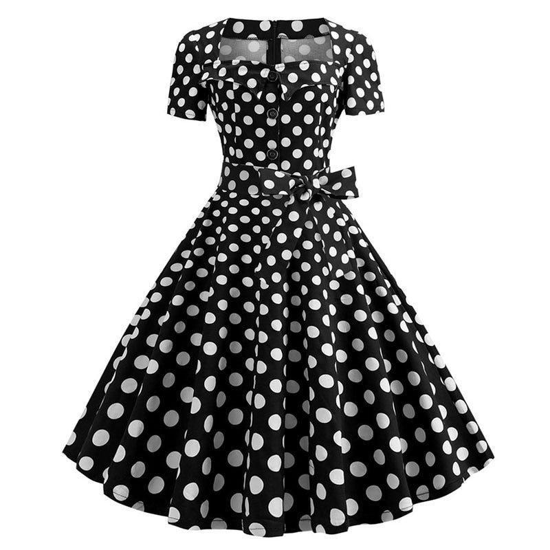 Sexy Women Square Collar Elegant Vintage Summer Dress Short Sleeve Rockabilly Pin Up Midi Dress Robe Femme Casual Office Party Dress
