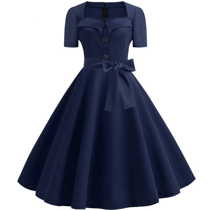 Sexy Women Square Collar Elegant Vintage Summer Dress Short Sleeve Rockabilly Pin Up Midi Dress Robe Femme Casual Office Party Dress