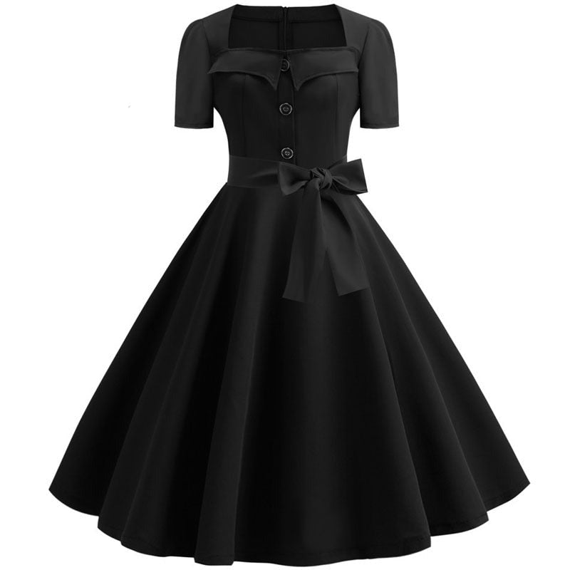 Sexy Women Square Collar Elegant Vintage Summer Dress Short Sleeve Rockabilly Pin Up Midi Dress Robe Femme Casual Office Party Dress