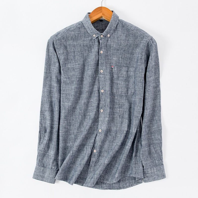 Men's Regular-Fit Shirt Cotton Line Long Sleeve Loose Business Dress Pure Color Button Shirt Men Blue White Tops Camisa Hombre L