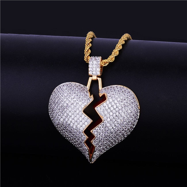 Bubble Letter Broken Heart Necklace & Pendant Charms Chain for Men Real Gold Plated Hip Hop Jewelry