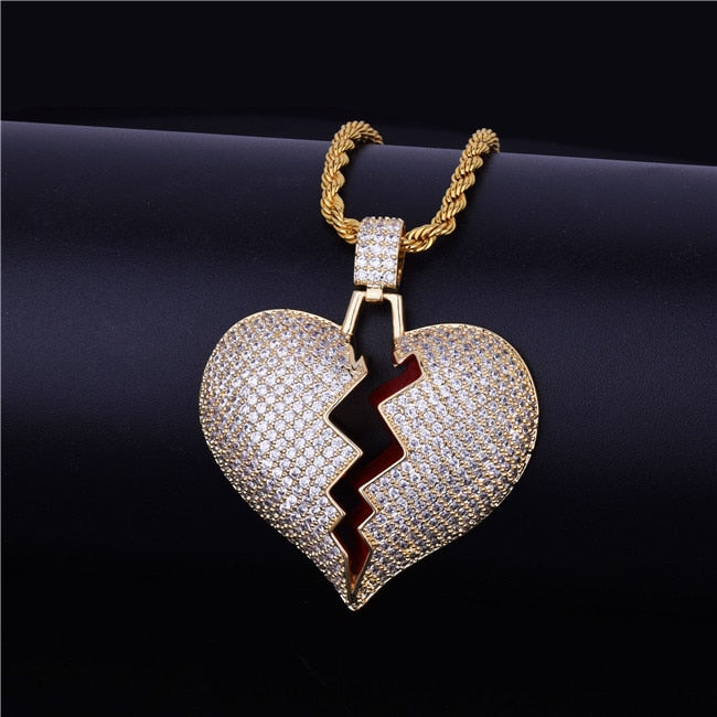 Bubble Letter Broken Heart Necklace & Pendant Charms Chain for Men Real Gold Plated Hip Hop Jewelry