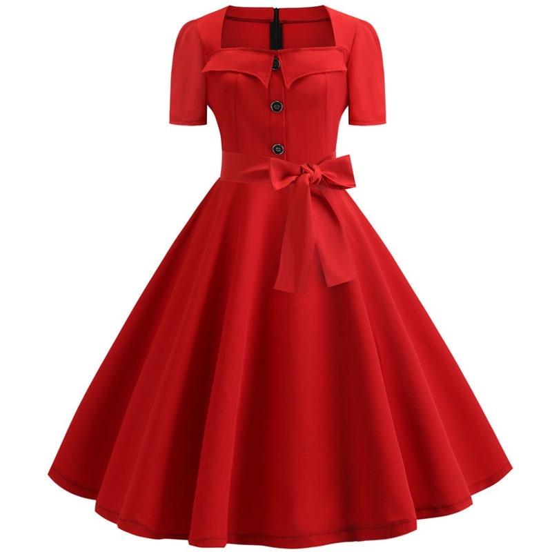 Sexy Women Square Collar Elegant Vintage Summer Dress Short Sleeve Rockabilly Pin Up Midi Dress Robe Femme Casual Office Party Dress