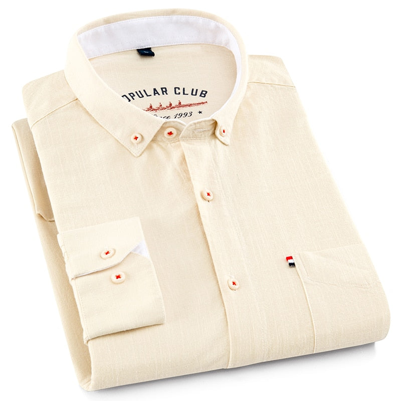 Men's Regular-Fit Shirt Cotton Line Long Sleeve Loose Business Dress Pure Color Button Shirt Men Blue White Tops Camisa Hombre L