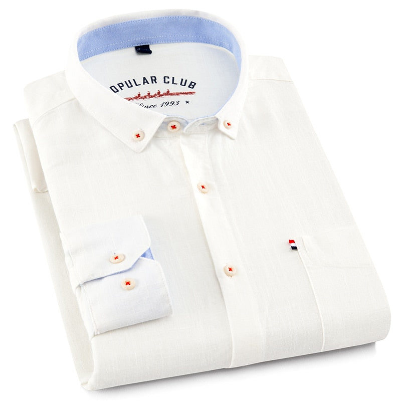 Men's Regular-Fit Shirt Cotton Line Long Sleeve Loose Business Dress Pure Color Button Shirt Men Blue White Tops Camisa Hombre L
