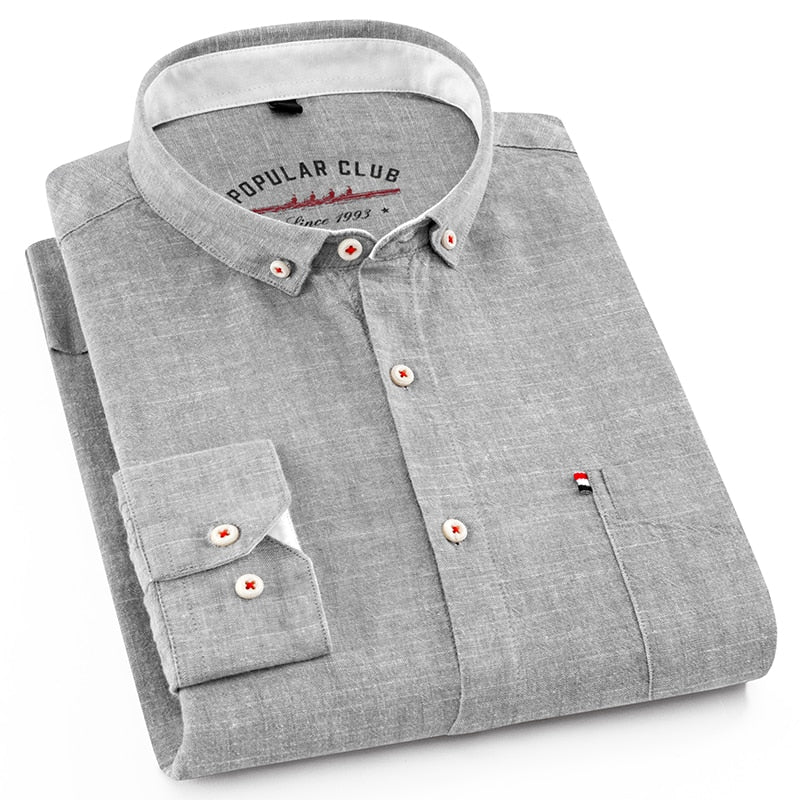 Men's Regular-Fit Shirt Cotton Line Long Sleeve Loose Business Dress Pure Color Button Shirt Men Blue White Tops Camisa Hombre L